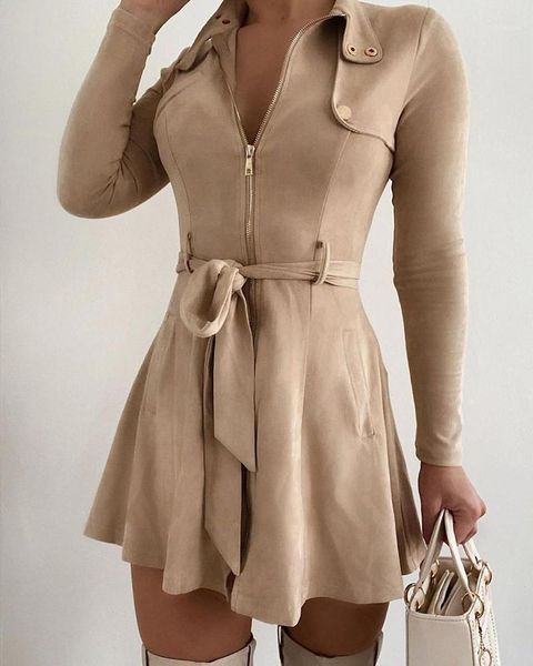 

women plain zipper design long sleeve dress elegant fashion sashes party dress1, Black;gray