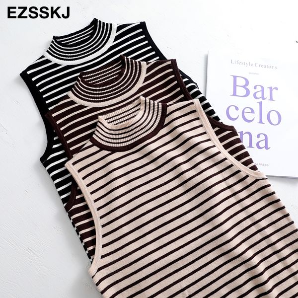 

autumn spring black white stripe sleeveless sweater pullovers women female basic sweater vest knit jumpers y201128, White;black