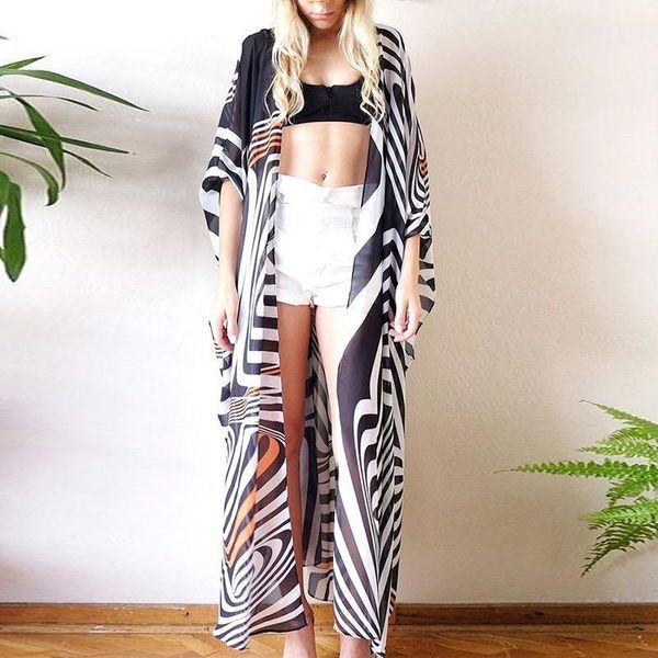 

loose black white strip printed blouse women casual vintage kimono cardigan ladies 2019 summer long crochet chiffon kimono1