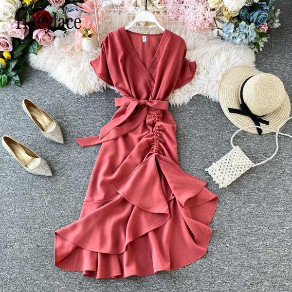 

vintage irregular fold dress women slim short sleeve v-neck elegant trumpet vestidos summer ladies bandage long robe kg-331, Black;gray