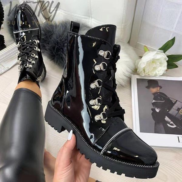 

2021 winter fashion women ankle motorcycles boots leather platform square low heel chain zip non slip trend biker ladies shoes1, Black