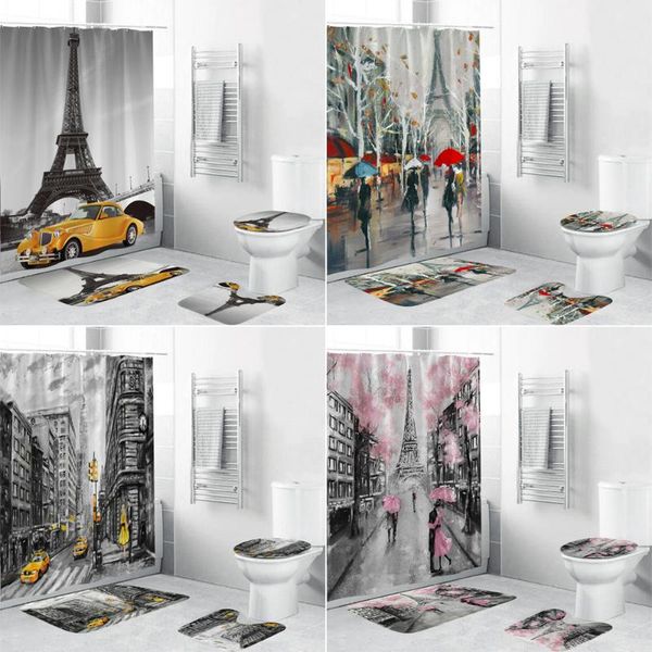 

shower curtains 4 in 1 paris tower landscape curtain bathroom set girl holding umbrella non-slip rugs toilet lid cover mat
