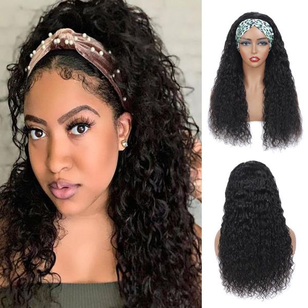 

lace wigs water wave headband wig human hair for black women brazilian natural color no gel glueless remy curly, Black;brown