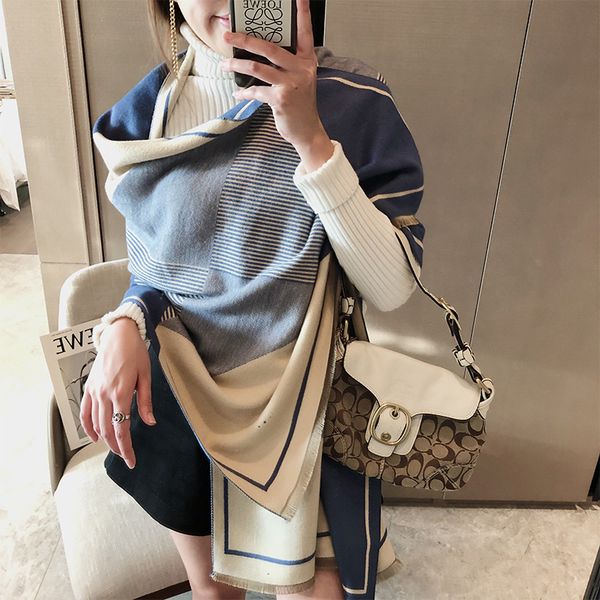 

2020 marks stripe female cashmere handkerchief winter pashmina shawls and wrappers lady thick printing blanket buffing scarves neck, Blue;gray