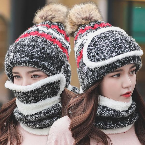 

3 pcs/set with mask winter hats for women quality knitted hat girl faux fur pompoms hat warm add fur lined protective1, Blue;gray