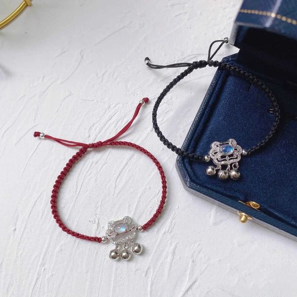 

925 sterling silver long life moonlight stone safety lock bracelet red and black hand rope female rubber band knitting simple gift