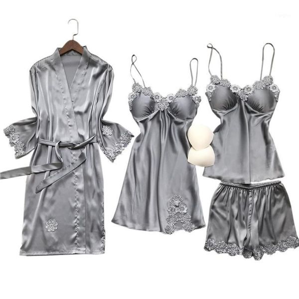 Frauen Nachtwäsche Sexy Reine Farbe Satin Eis Seide 4-stück Robe Sets Frauen Pyjamas Korea Spaghetti-trägern Shorts Pijamas nachtwäsche1