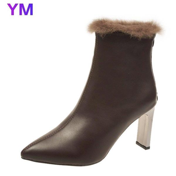 

2020 winter new style fur 8cm high heel boots ankle boots pointed toe zip dress women warm snow fashoin booties botas mujer 39, Black