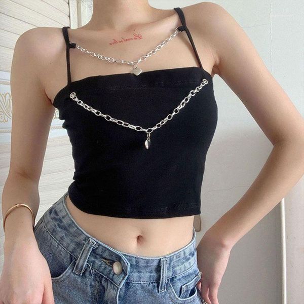 

women gothic punk spaghetti strap crop metal chain heart pendant camisole square neck backless club sling vest1, White