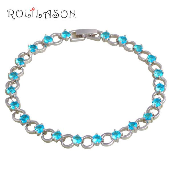 

charm bracelets rolilason seawater blue zircon for women silver round design romantic fashion vacation gift jewelry tbs1096, Golden;silver