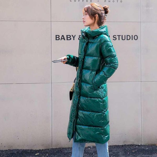 

2020 new long slim stand collar glossy down parka coat fashion winte jacket women warm parka outerwear female office lady1, Black