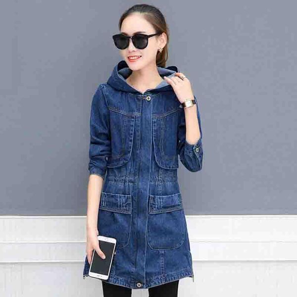 

women's jackets women denim jacket 2021 spirng autumn female hooded slim medium-long turn down collar long sleeve jeans coat for, Black;brown