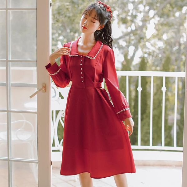 

casual dresses dress vintage 2021 long cotton autumn waist elegant women sleeve sweet retro female, Black;gray