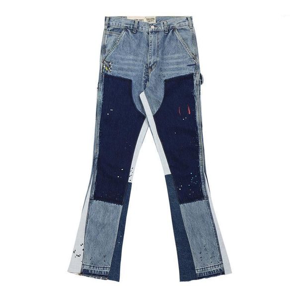 

gallery dept 2021 custom-made destroy spliced flare jeans hip-hop high street paint jeans men women couple wash1, Blue