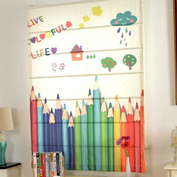 

pencil rainbow printing cartoon style curtains cotton linen roman curtain for kid's bathroom door shade curtain for bay window1
