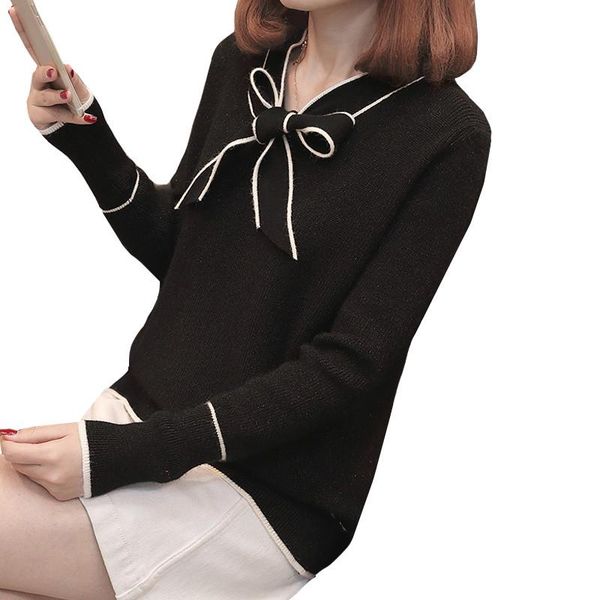 

spring autumn women sweater and pullovers new bow tie knitted sweater warm long sleeve casual slim sweaters pull femme jumper, White;black