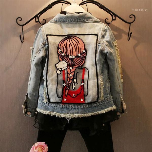 

children girls jeans jackets kid long sleeve turn-down collar buttons coats pocket girl pattern denim outerwear kids clothes y561, Blue;gray