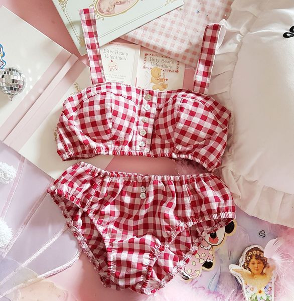 

lolita lingerie set princess bras thongs vintage red plaid button cotton tube triangle cup bra and panty underwear set c1211, Black;white