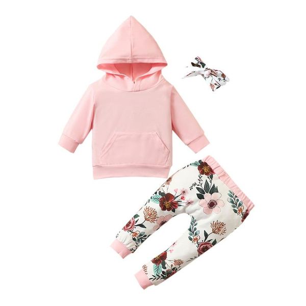 

new arrived autumn winter baby girl boy clothing solid colorlong sleeve hoodier+flower printed pants +headband set, White