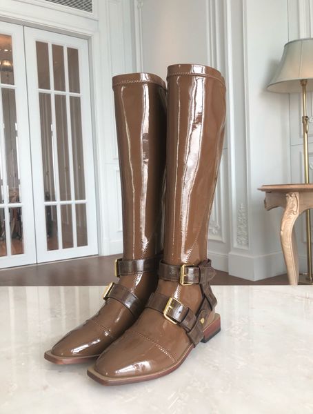 

new arrived woman winter square toes knee boots femal back zipper brand boots woman leather buckle band decoration long boots, Black