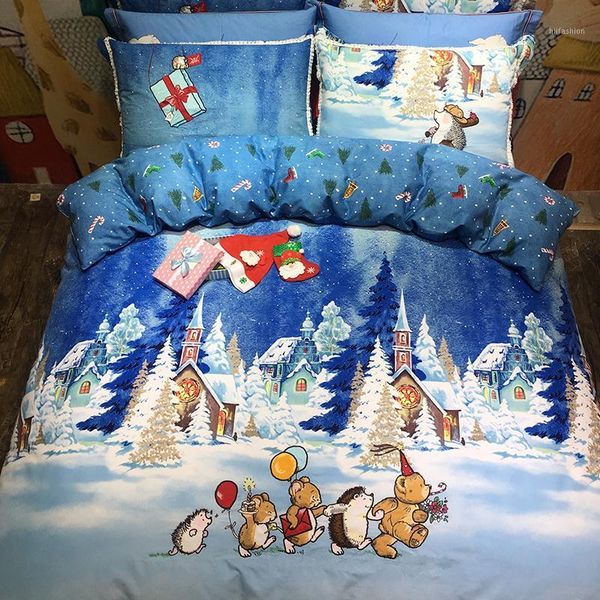 

ice castle romance 4pcs 100% cotton  king lovely cartoon bedding set blue duvet cover set bed sheet pillowcase embroidery1