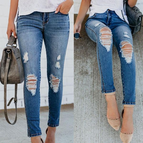 

2020 spring and autumn new ladies slim jeans full spray craft hole jeans stretch feet oblique split ms denim pants, Blue