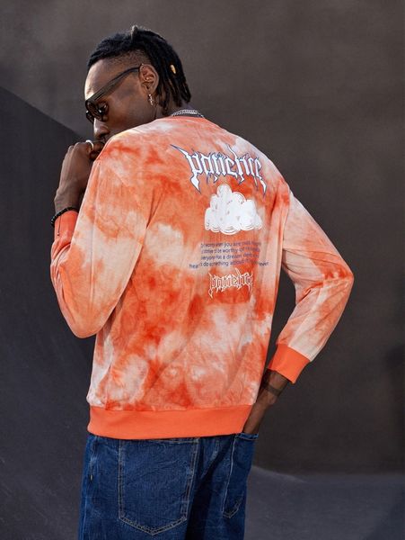 

men tie dye slogan & clouds print drop shoulder pullover k6ex#, Black