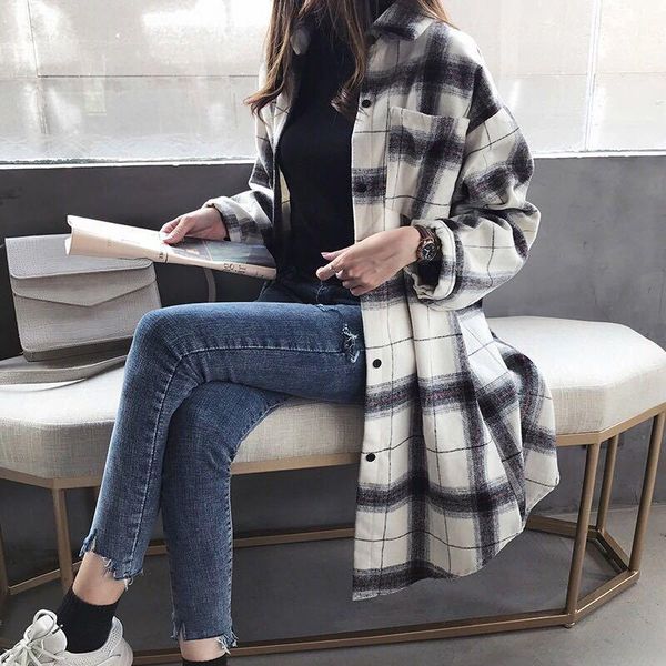 

2020 new korean plaid mid-length shirt women's plus size bf retro loose slim coat plus size, White