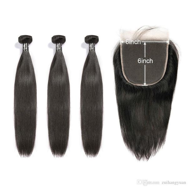 

7a virgin hair human hair bundles with closure brazilian hair weave bundles straight 6x6 hd lace closure, Black