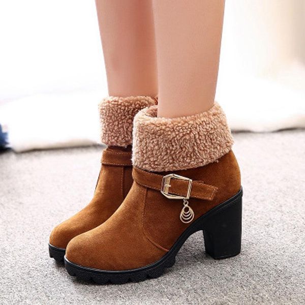 

boots 2021 autumn winter style round head high heel thick belt buckle two wear flanged ankle large size, Black