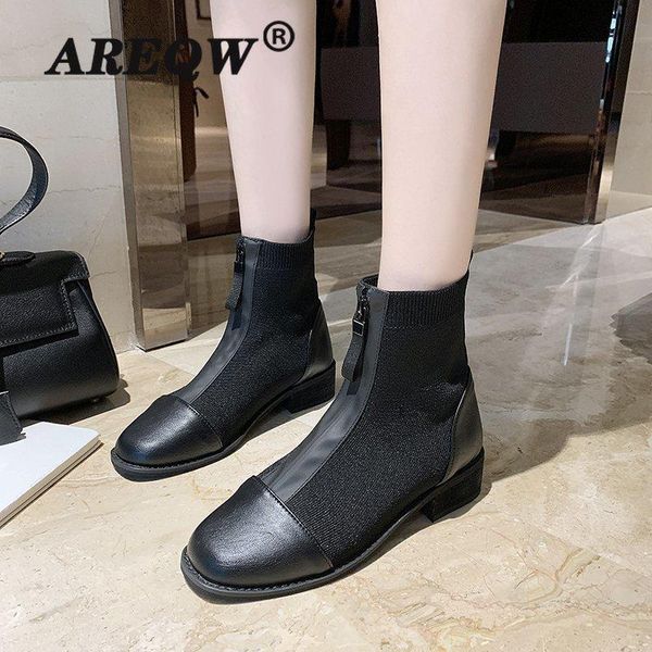 

boots 2021 winter women's fashion zipper mid-heel ankle pointed toe square heel short-tube pu botas mujer, Black