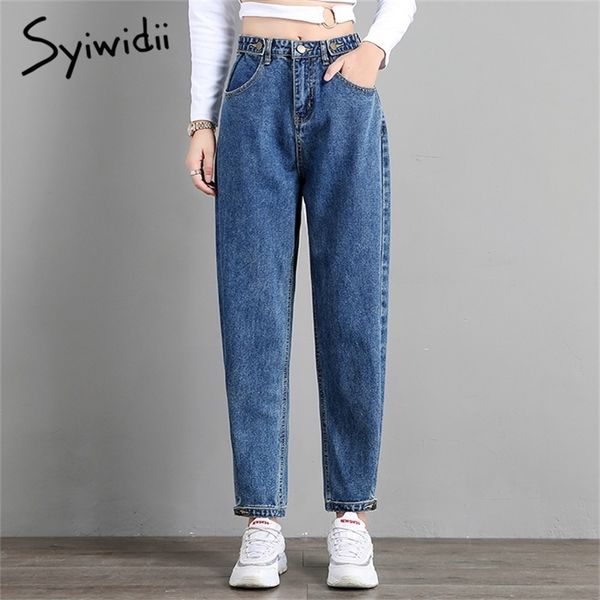 Hohe Taille Jeans Snow Wash Mom Jeans Knopf gebleichte Haremshosen Denim lose Vintage beschichtete lässige koreanische Mode breite Taille 201223