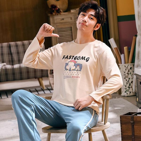 

cartoon pajamas men long sleeve cotton pijamas set for male plus size sleep clothing beige casual nightie men autumn sleepwear, Black;brown