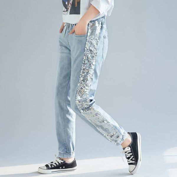 

2020 sequins side stripe denim jeans women light blue street jeans pencil pants h70
