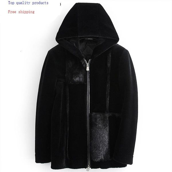 

men's leather & faux real fur coat men winter sheep shearling wool down jacket hooded mens mink muts doudoune homme lbl-98007 kj1378, Black
