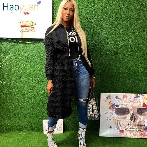 

haoyuan plus size long sleeve bomber jackets women clothes front zipper mesh ruffle casual rose black long coat outwear, Black;brown