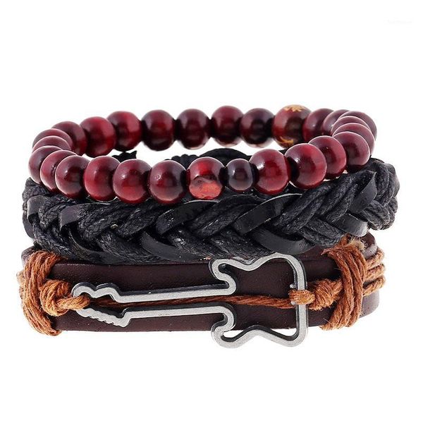 

guitar alloy charm genuine leather cord wooden beads men bracelets multi layer vintage cuff wristband jewelry for women1, Golden;silver
