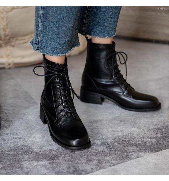 

boots winter women 2021 ankle pure color lace-up leather round toe square heel womem shoes1, Black