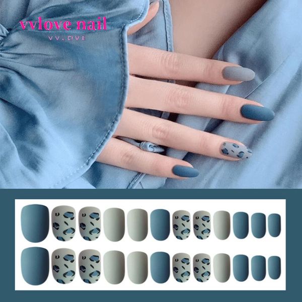 

false nails 24pcs matte jump color haze blue leopard wearable nail removable, Red;gold