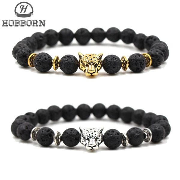 

hobborn trendy 8mm natural stone men bracelet hip hop leopard head lava stone beads women bracelets healing meditation jewelry, Golden;silver