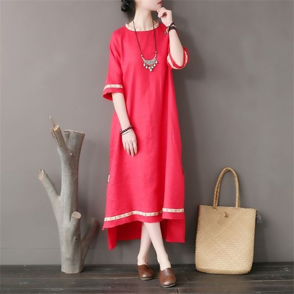 

original national style women's dress stitching embroidery tear edge linen dress loose sleeve high - grade h1210, Black;gray