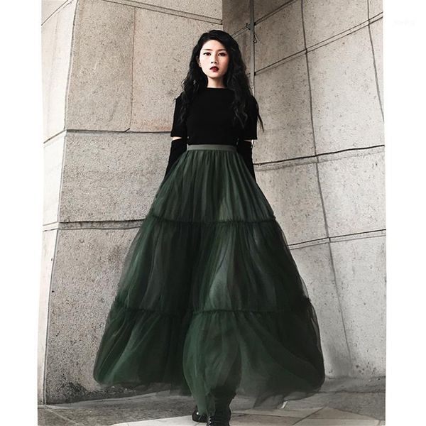 

2020 new fashion guaze long maxi skirts for women spring autumn ladies skirts s-l a-line green elastic high waist1, Black