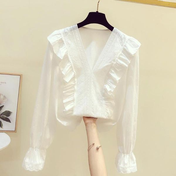 

korean style 2021 autumn fashion women's long sleeves v neck ruffles shirts ladies shirt blouse a3994, White