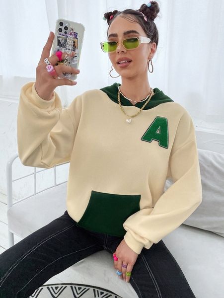 

drop shoulder patched detail colorblock hoodie l80o#, White;black