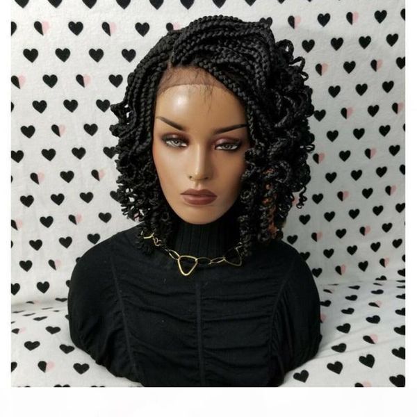 

dilys lace frontal short braids wigs for women synthetic lace front wig with curly tips baby hair, Black