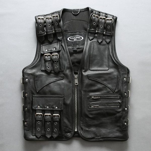 

men's vests adjustable genuine leather motorcycle vest real cowhide sleeveless jackets detachable biker waistcoat high quality, Black;white
