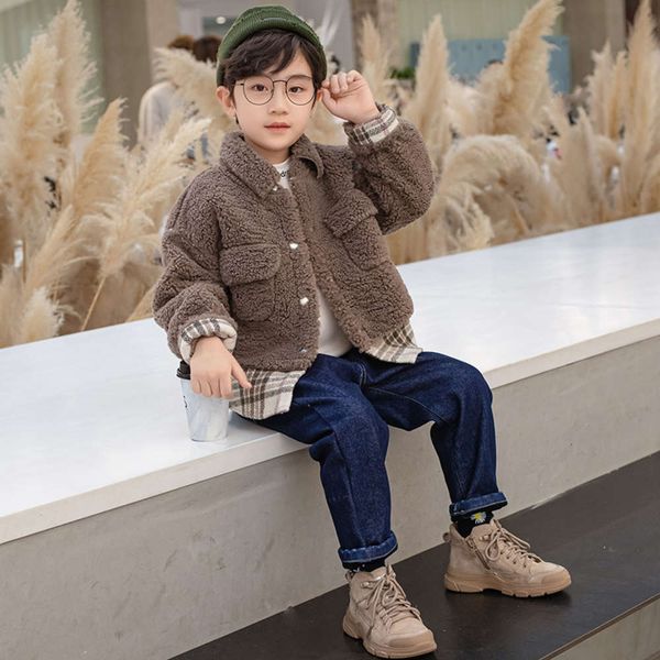 

sweater coat plush plaid stitching wool shirt foreign sle autumn and winter cloth boys' handsome trend children, Black