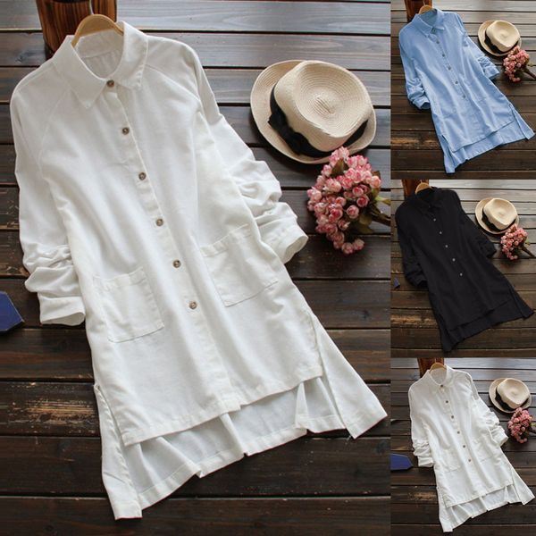 

fashion womens and blouses female plus size women's long sleeve loose casual pocket button long shirt blouse blusas, White
