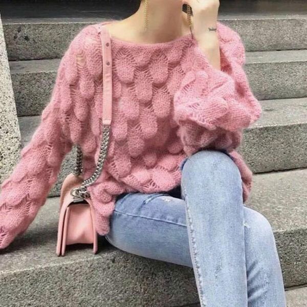 

2019 autumn winter spring fashion women sweater pink o-neck loose casual knitted hollow pullover flare sleeve mohair1, White;black
