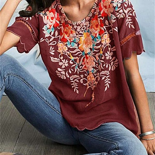

2020 summer women's short sleeve embroidered new round collar shirt, White